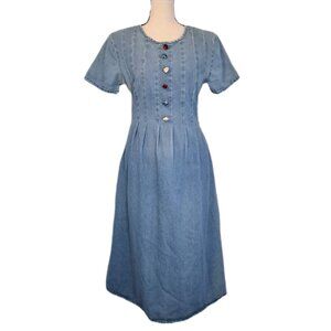 Vtg 80s Alexandra Lee Denim Cottagecore Rosette Whimsy Tie Waist Midi Dress 6P